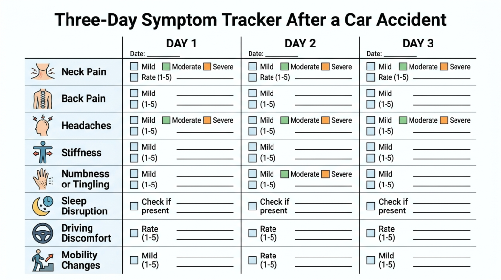 Three-day symptom tracker after a car accident