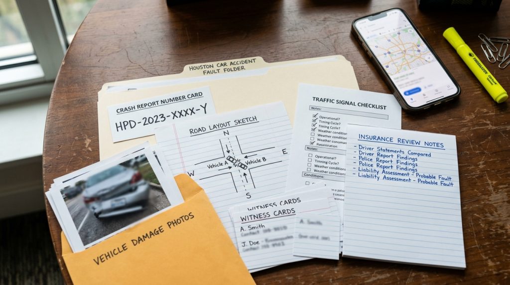 Houston car accident fault folder with crash report road layout vehicle damage photos witness cards and signal checklist
