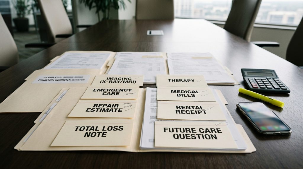 Houston car accident medical and repair review file with treatment timeline bills repair estimate rental receipt and total loss note
