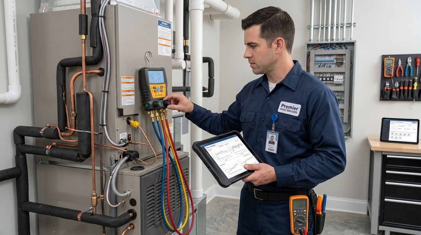 Professional HVAC technician diagnosing a residential HVAC system
