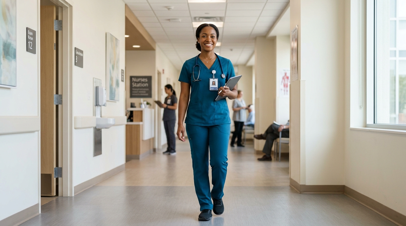 Healthcare worker wearing modern medical scrubs in a clinical hallway