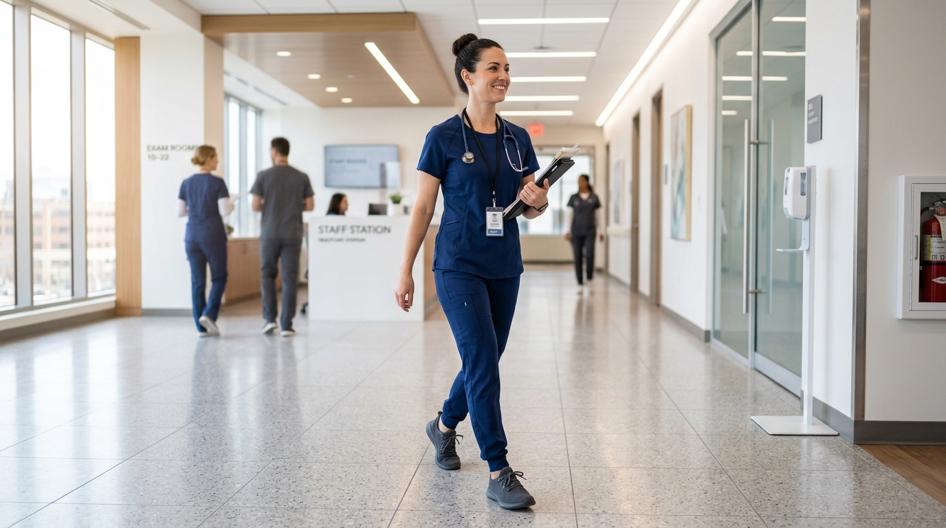 Healthcare worker wearing athletic-inspired medical scrubs