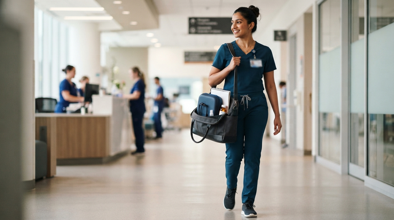 Healthcare professional carrying a protected stethoscope in a work bag