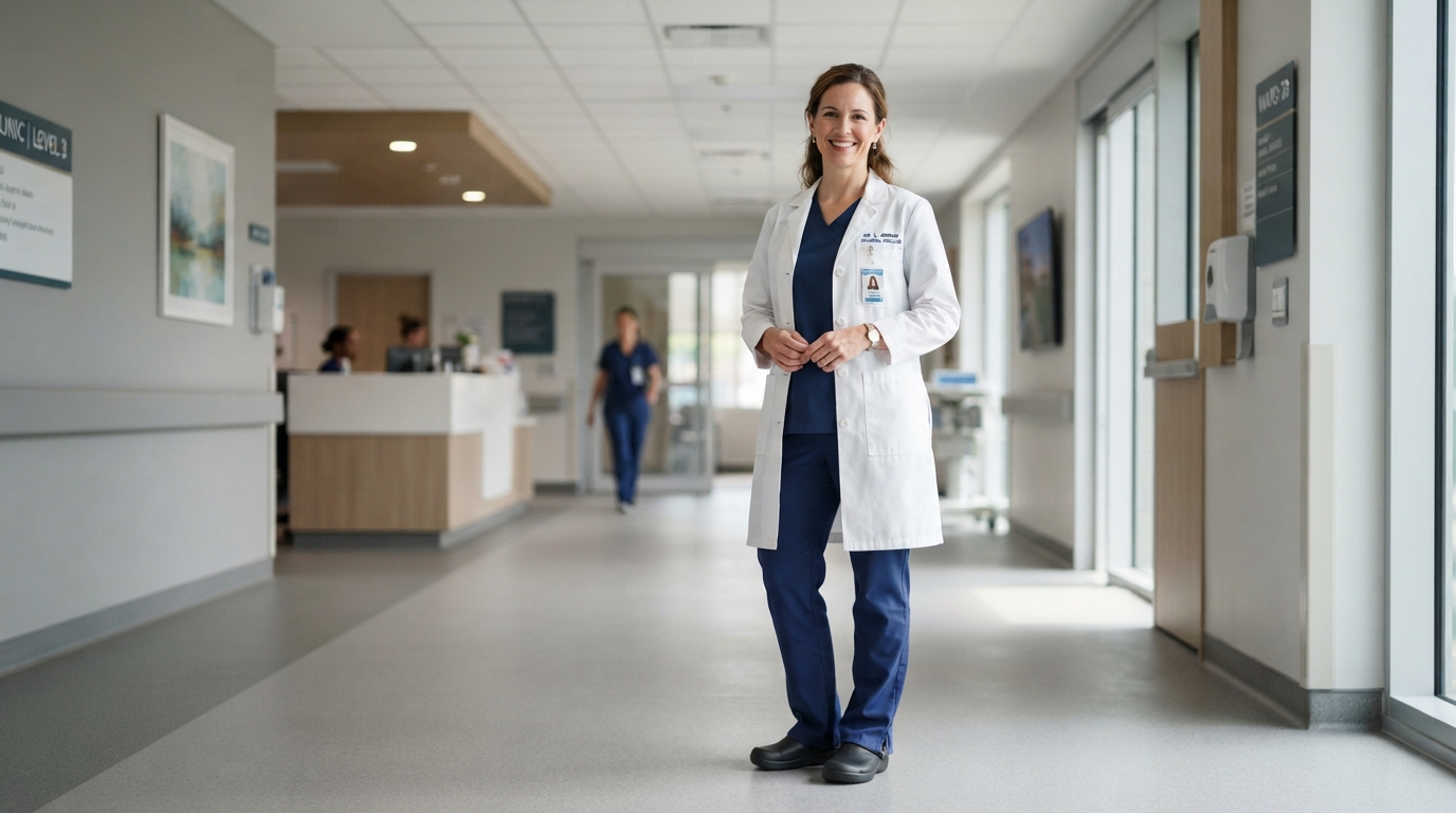 Female healthcare professional wearing a fitted white lab coat over medical scrubs