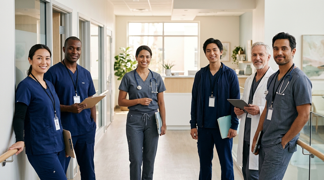 Healthcare office team wearing coordinated scrub colors in a clinic hallway